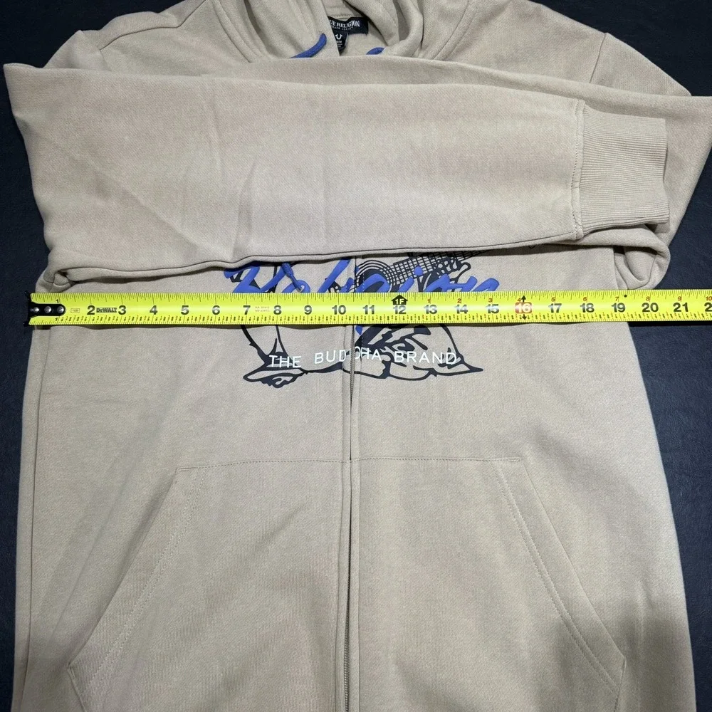NWT $119.00 True Religion Mens Buddha Script Fleece Hoodie Fog‎ Tan Sz Medium